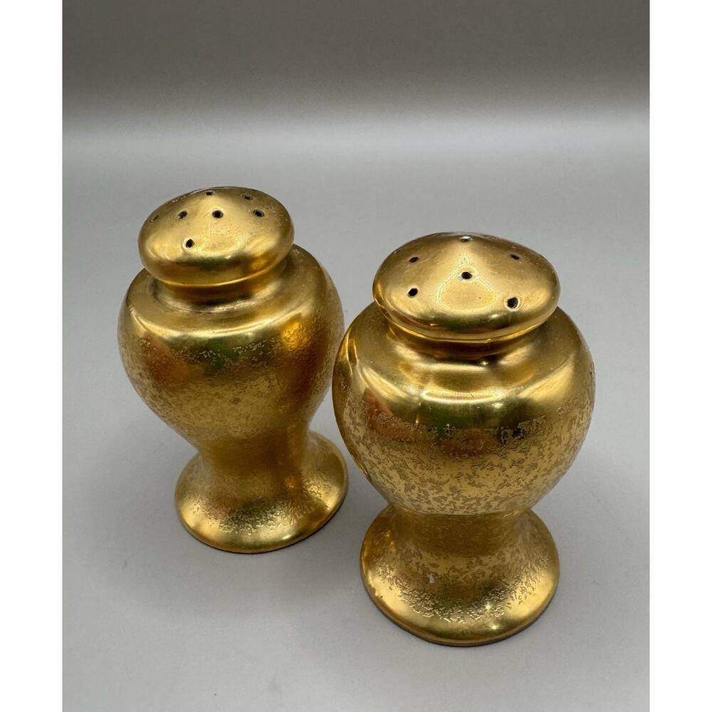 Vintage Stouffer Gold Porcelain Salt Pepper Shakers Textured Luster Finish Pair
